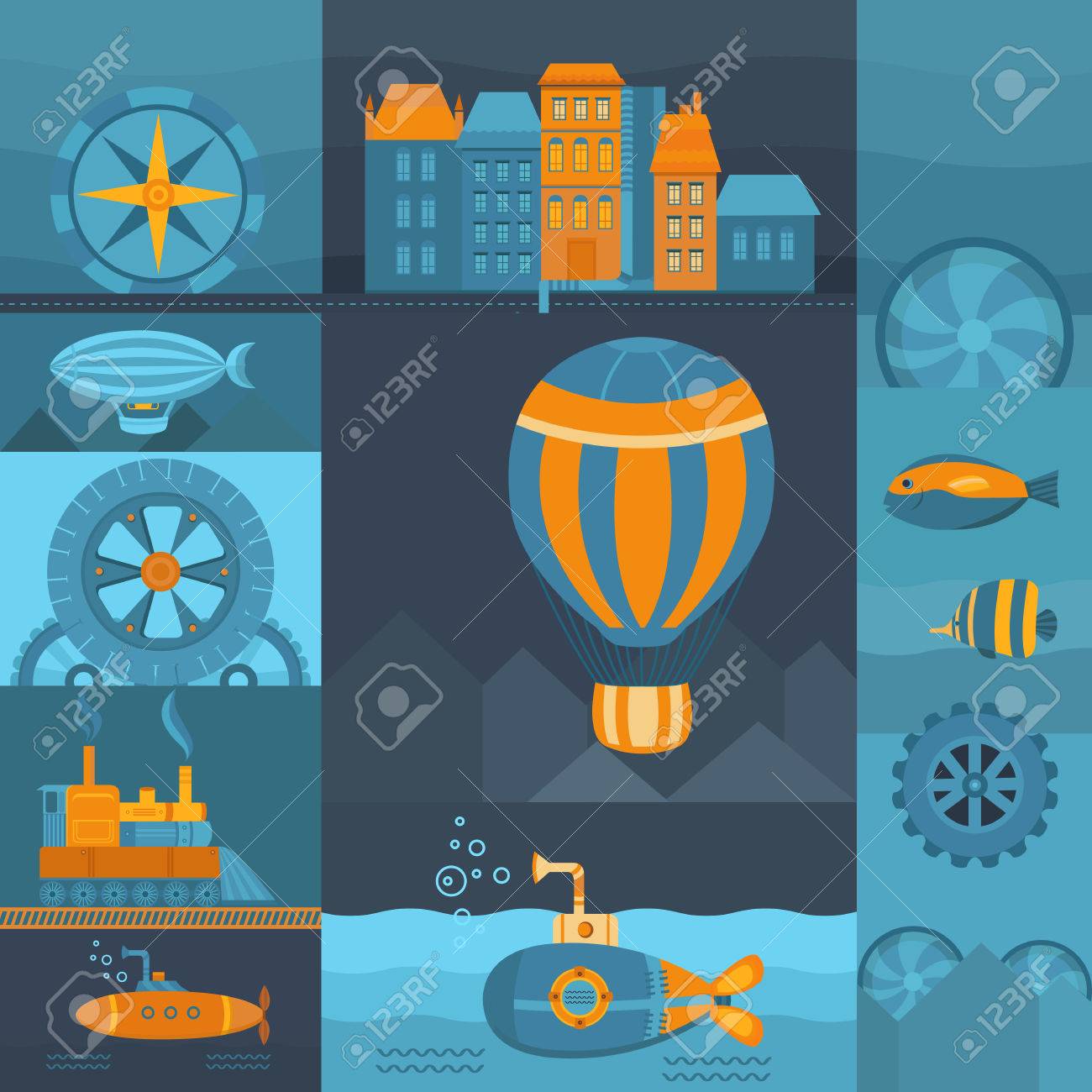 vector background steampunk set of objects balloon submarine