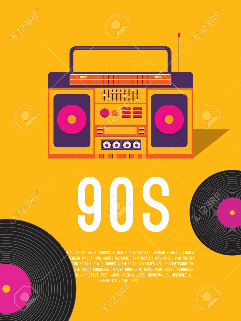 90 年代と 80 年代の音楽はポスター カセット テープ レコーダーとビニール レコード テンプレート チラシ 招待状 カード チケット バナー ラベル カバー アルバムのベクトルの背景 レトロなスタイルのイラスト のイラスト素材 ベクタ Image