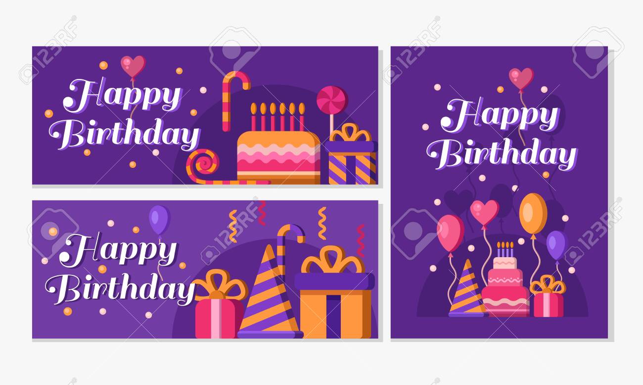 collection of happy birthday banners in purple set of greeting happy birthday templates
