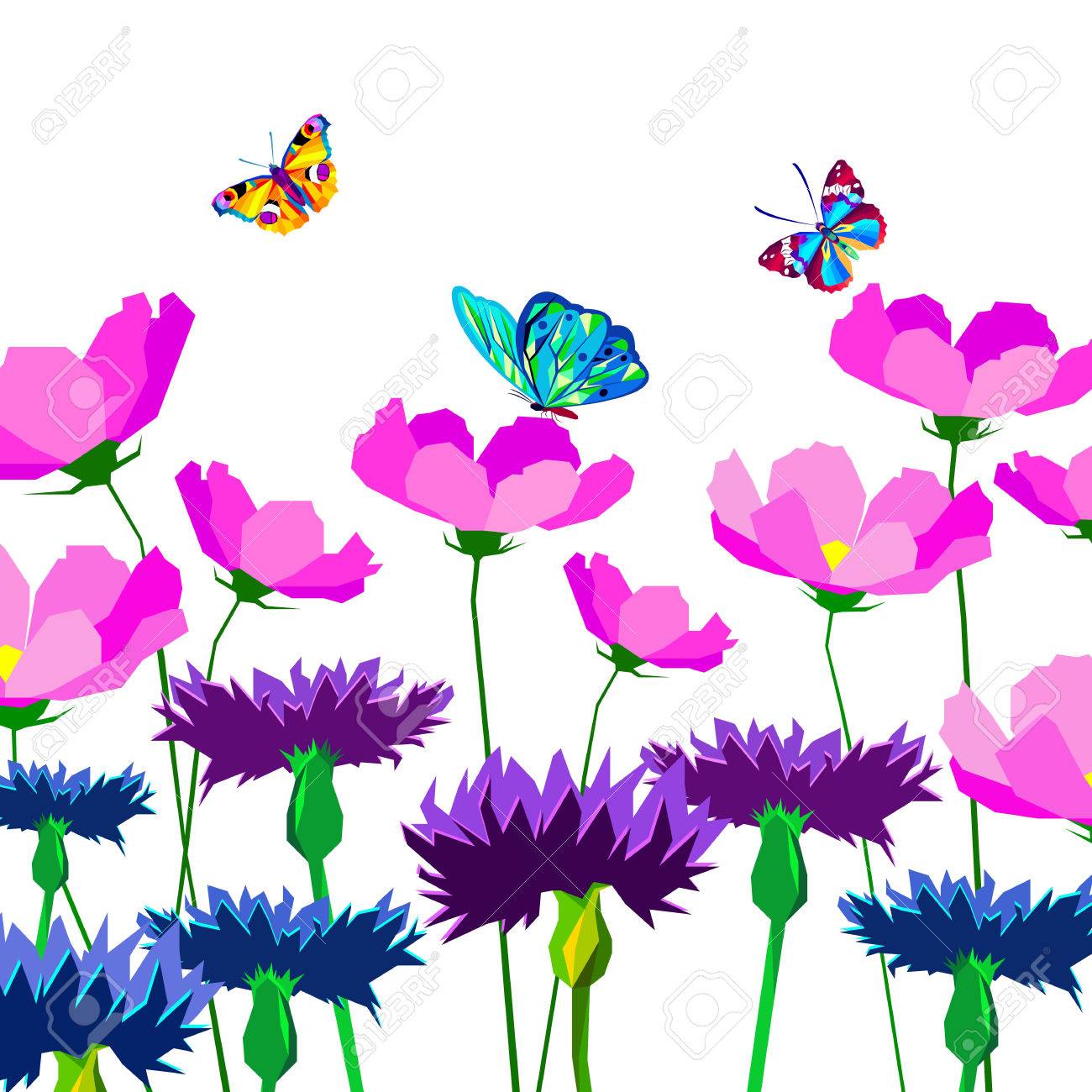 白い背景のヤグルマギクの花 青い小さな花蝶のベクトル イラスト のイラスト素材 ベクタ Image