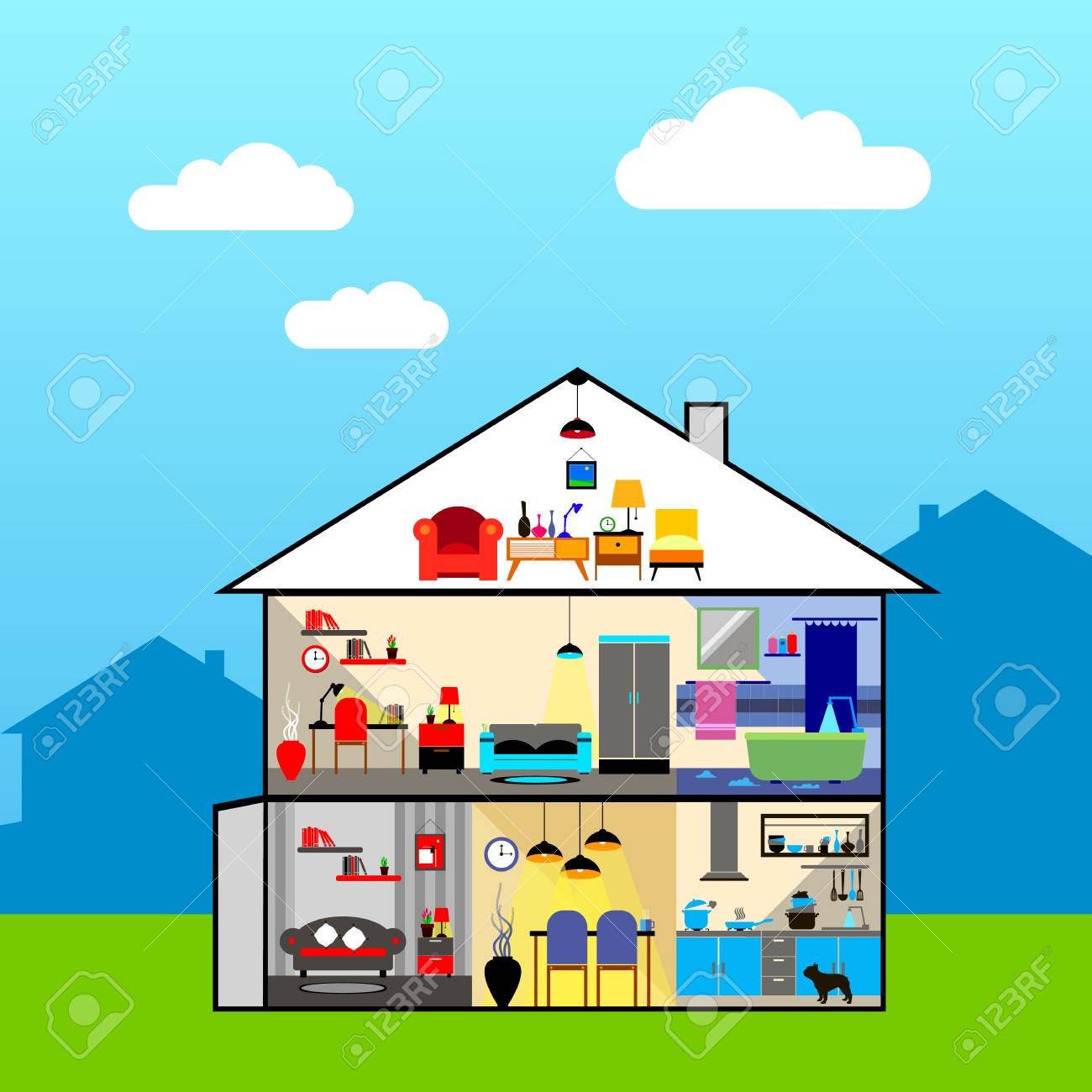 House In Cut. Detailed Modern House Interior. Rooms With Furniture. Flat  Style Vector Illustration. Royalty Free SVG, Cliparts, Vectors, and Stock  Illustration. Image 74900507., image size:1300x1300