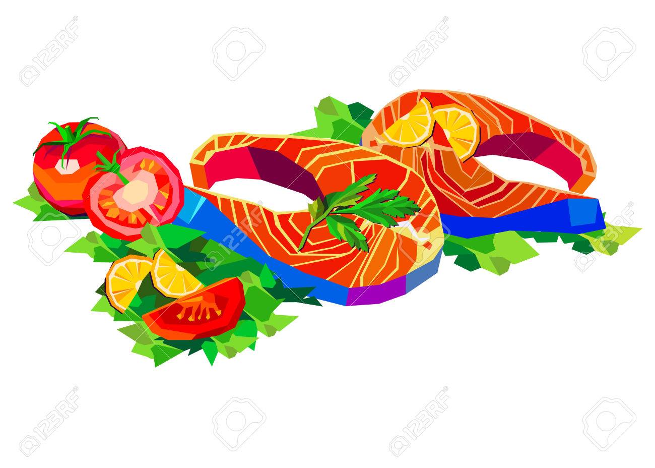 魚レモン トマト料理魚介類エビ ベクトル鮭図おいしい魚のイラスト素材 ベクタ Image