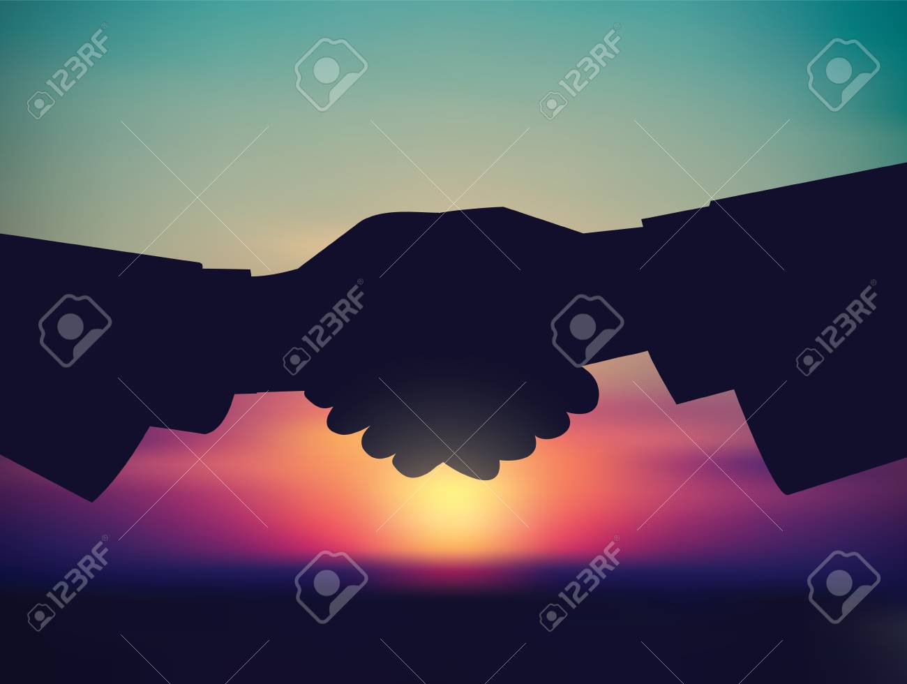 空と握手のシルエットは日の出を開始します カラーベクトルイラスト エプス8のイラスト素材 ベクタ Image