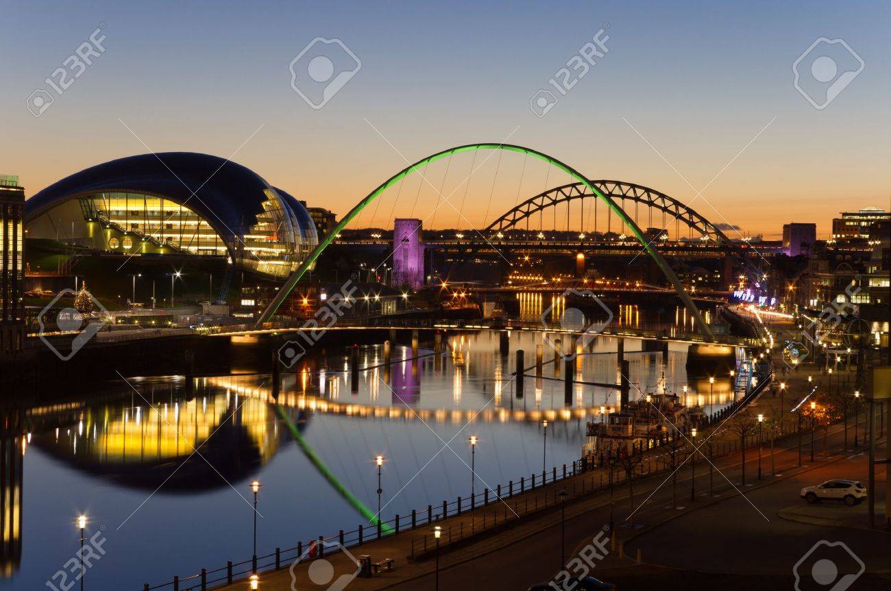 Tyne bridges at twilight / Elevated view of Newcastle and Gatehead quays just as the sun has set - 12372418 Tyne bridges at twilight / Elevated view of Newcastle and Gatehead quays just as the sun has set - 12372418