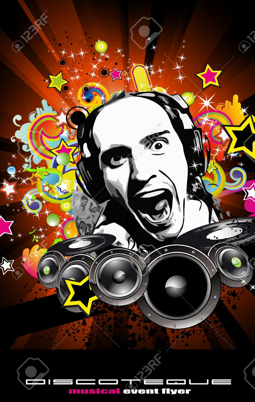 abstract colorful music event background with disk jockey shape disk flyer
