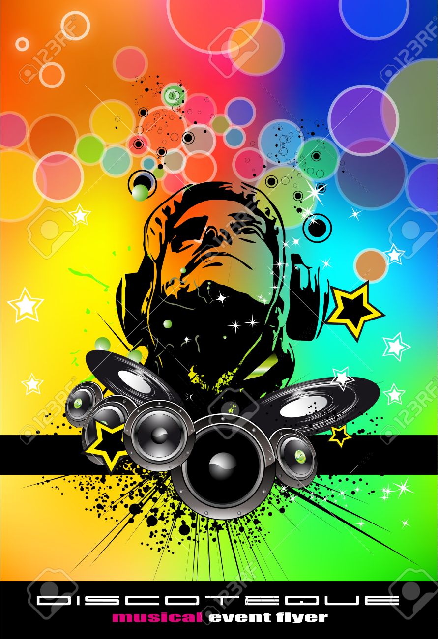 rainbow disco flyer with disk jockey suggestive shape royalty free disk flyer