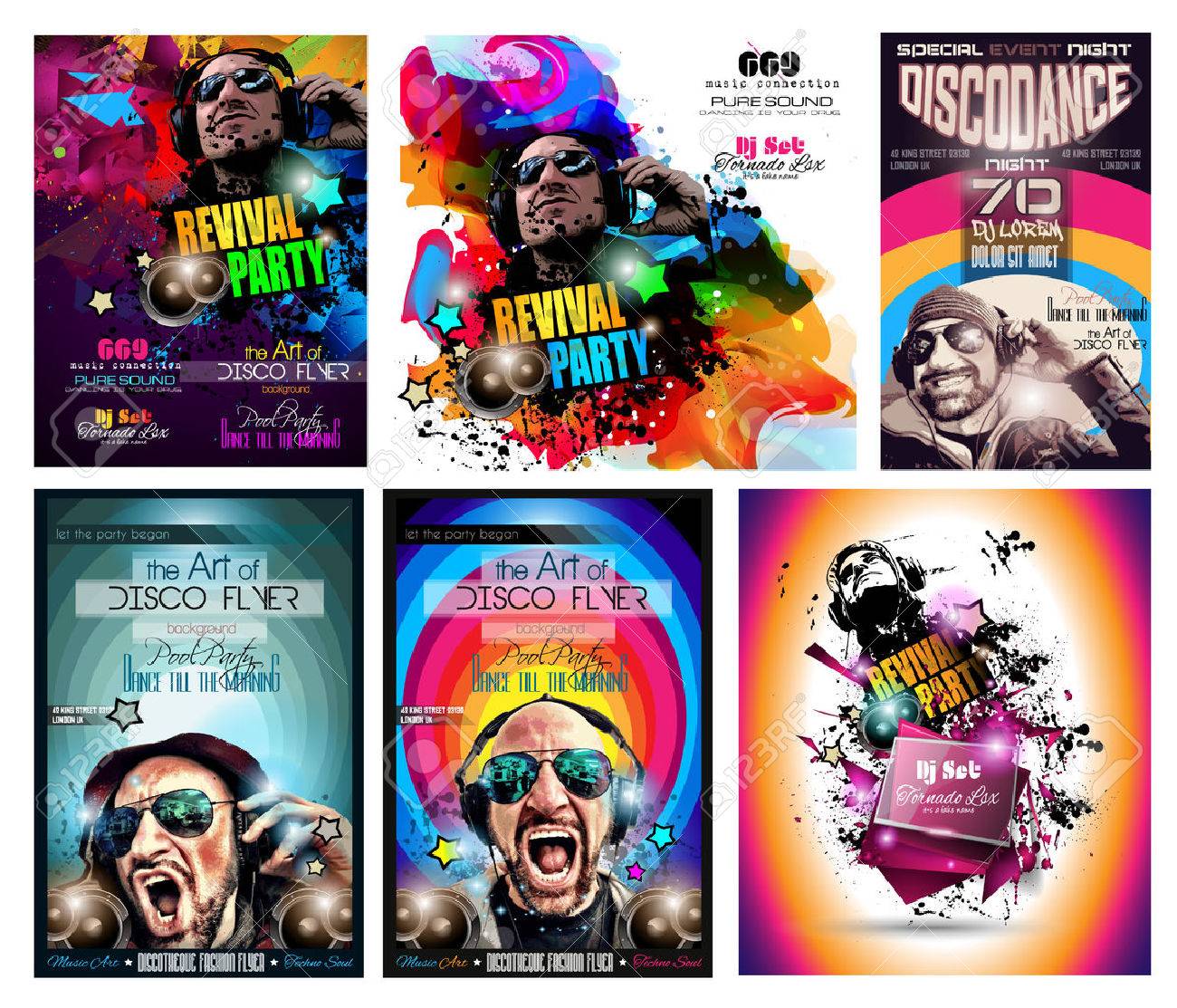 club disco flyer set with dj shape and colorful scalable backgrounds