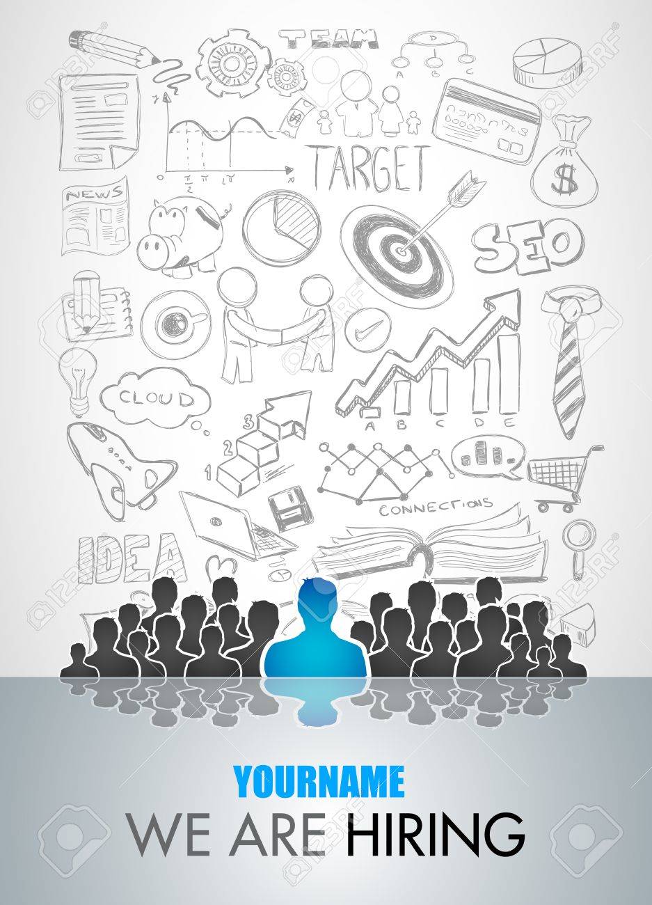 私たちは採用のポスターとフライヤーの背景を雇っています 人体形状とジョブの詳細のためのスペースの多くをシンプルでクリーンなデザイン のイラスト素材 ベクタ Image