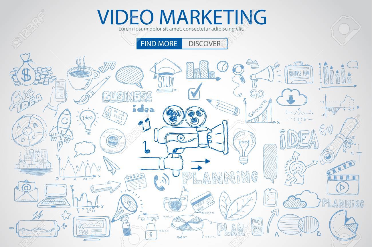 video marketing concept with doodle design style internet flyers statistics