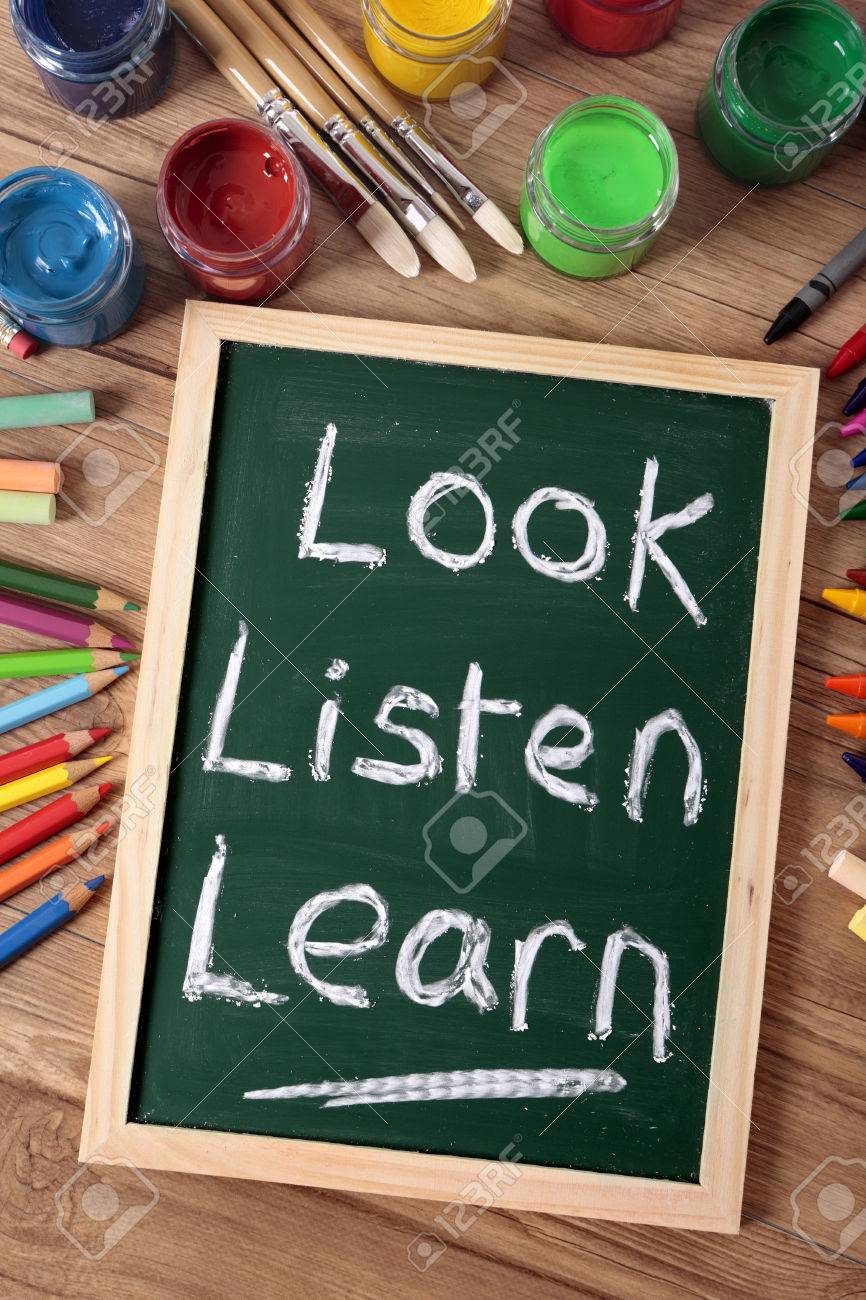 the words look listen learn written on a small elementary