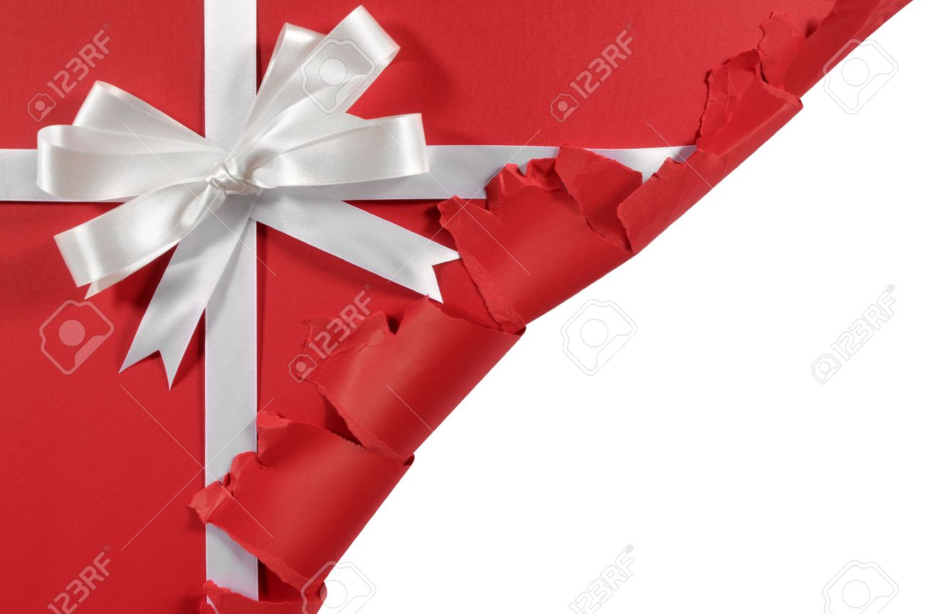 Christmas or birthday white satin gift ribbon and bow on red paper background with torn open corner - 45895780 Christmas or birthday white satin gift ribbon and bow on red paper background with torn open corner - 45895780
