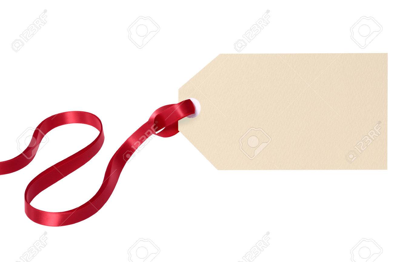 Plain gift tag with red ribbon isolated on white background - 45895742 Plain gift tag with red ribbon isolated on white background - 45895742