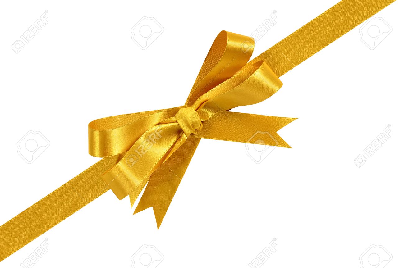 gold corner diagonal gift bow ribbon isolated on white background