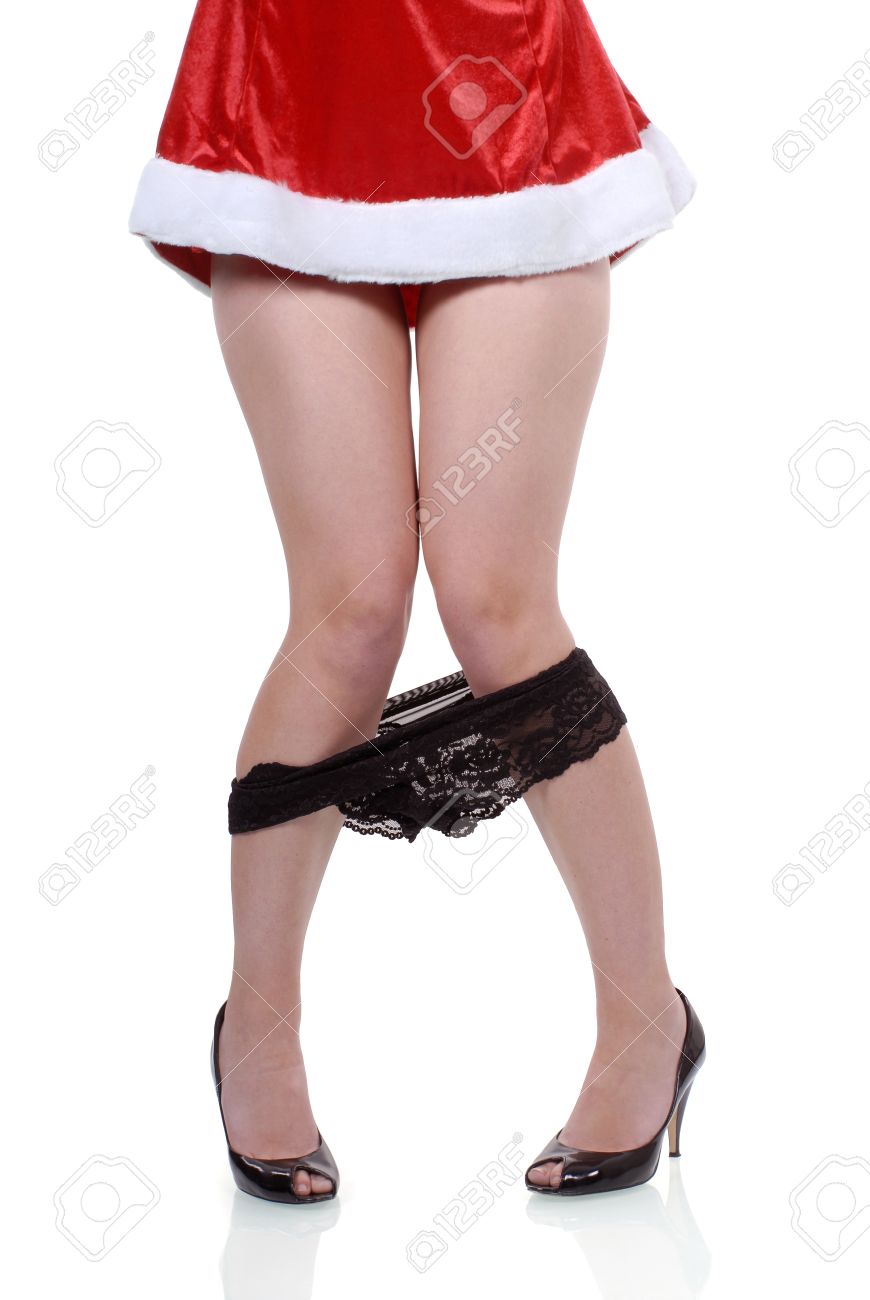 パンティー　アクシデント 白い背景で隔離の事故落ちパンティーの女性サンタ パーティー ガールの写真素材・画像素材 Image 48422532