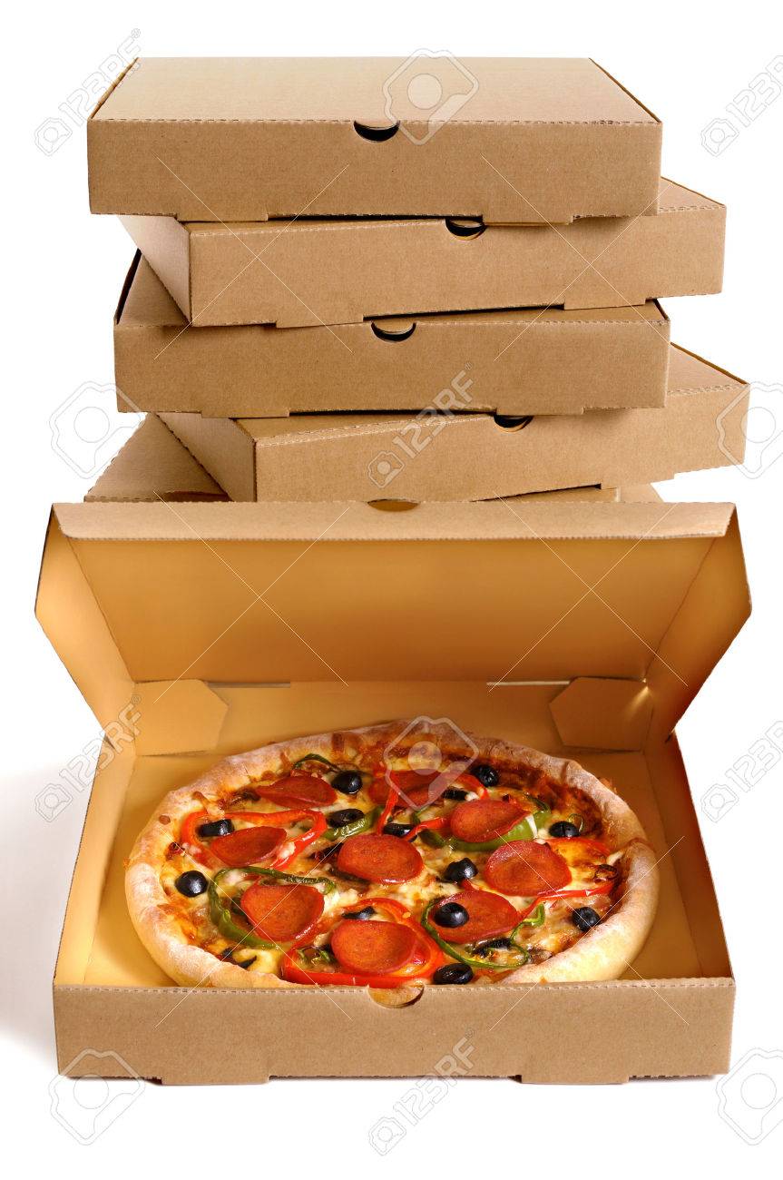 Pizza with a stack of delivery boxes isolated on a white background. - 50816516 Pizza with a stack of delivery boxes isolated on a white background. - 50816516