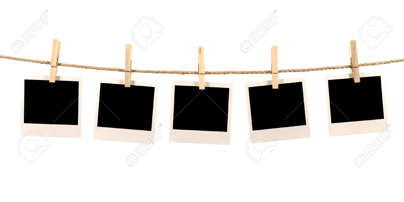 Several blank polaroid style instant photo print frames hanging on a rope or washing line, white background - 54150168 Several blank polaroid style instant photo print frames hanging on a rope or washing line, white background - 54150168