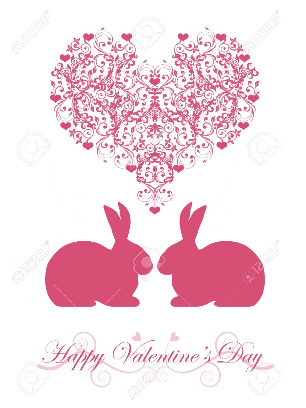 Happy Valentines Day Bunny Rabbit With Pink Hearts And Scrolls Illustration  Stock Photo, Picture and Royalty Free Image. Image 8533343., image size:975x1300