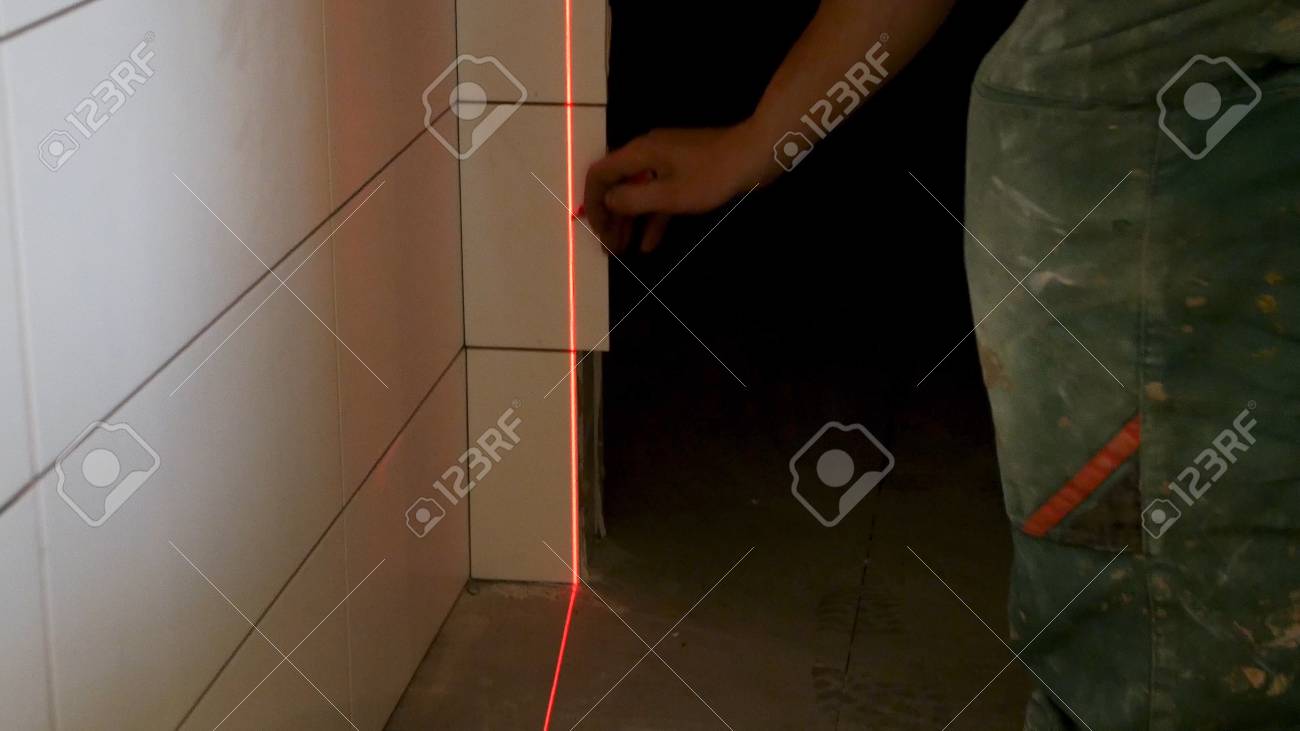 Man Hands Measuring With Laser Level Gauge Laser Level Gauge