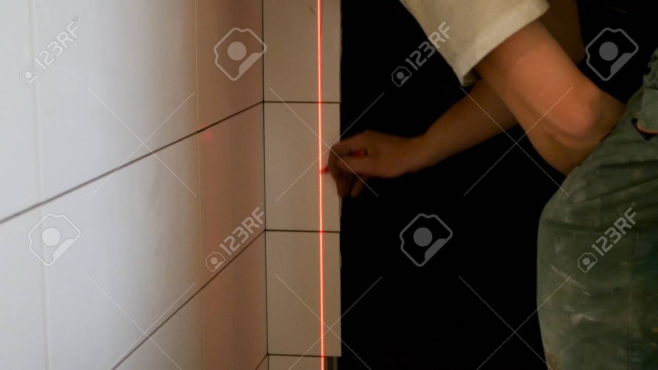 Man Hands Measuring With Laser Level Gauge Laser Level Gauge