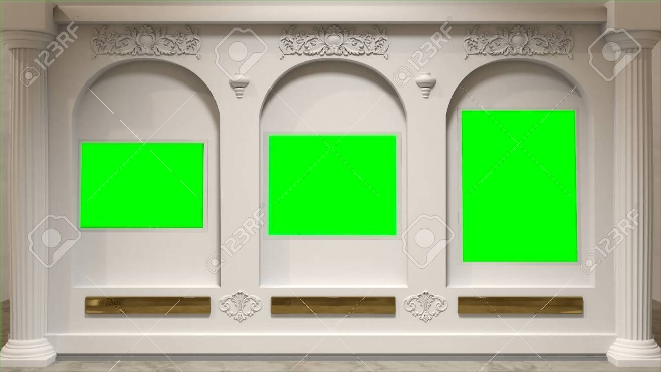 Art Gallery With Arcs In The Wall And The Chromakey Spaces Instead Of Paintings. Green Screens On The Wall At The Museum. Stock Photo, Picture And Royalty Free Image. Image 120992864.