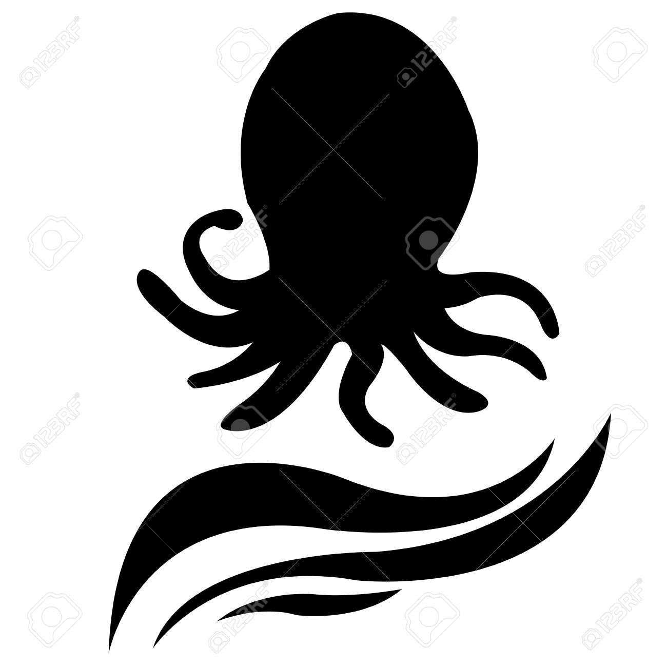 抽象的なタコのシルエットと白い背景の上の 2 つの黒い波のイラスト素材 ベクタ Image