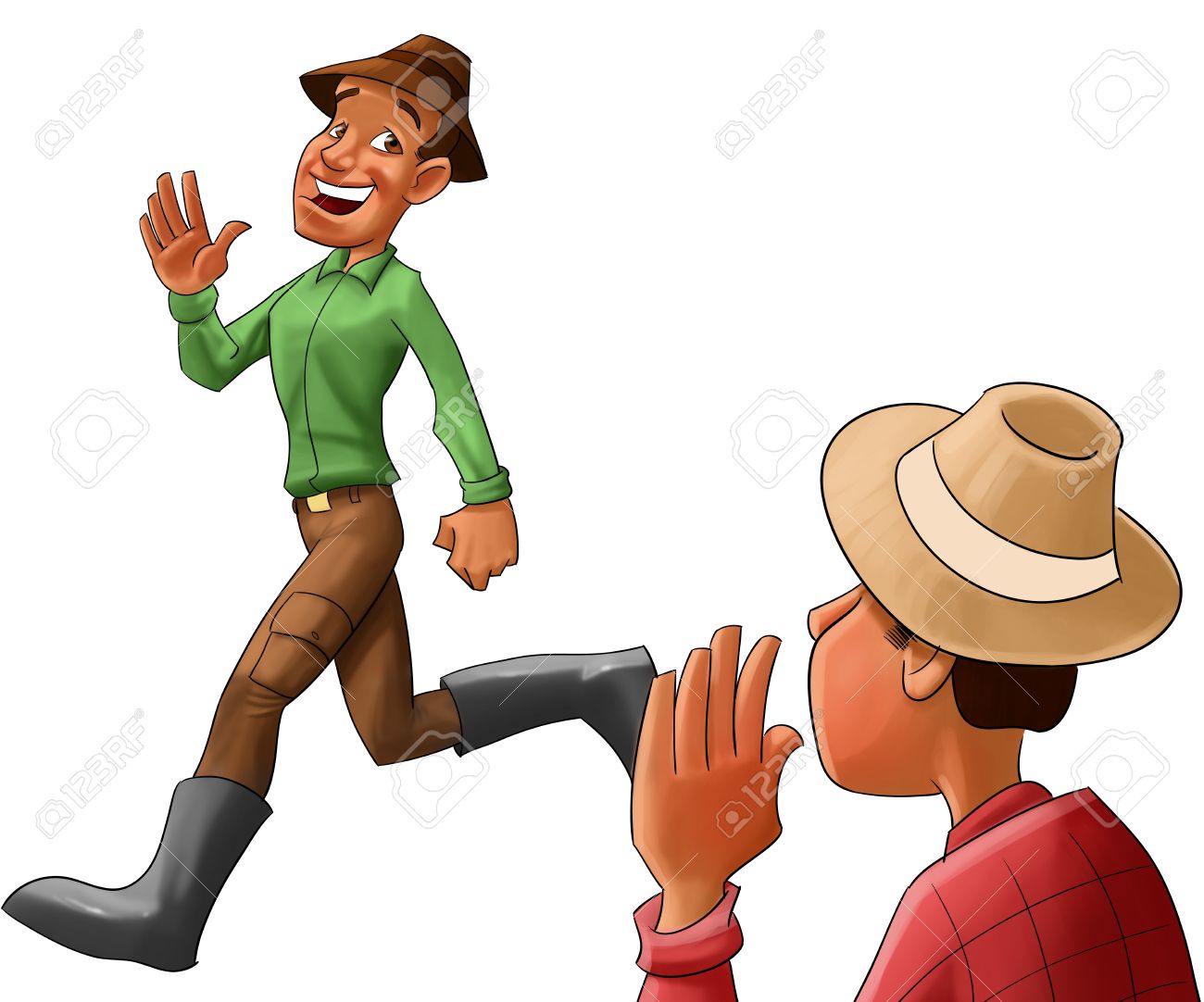 two farmers saying hello to each other stock photo picture and