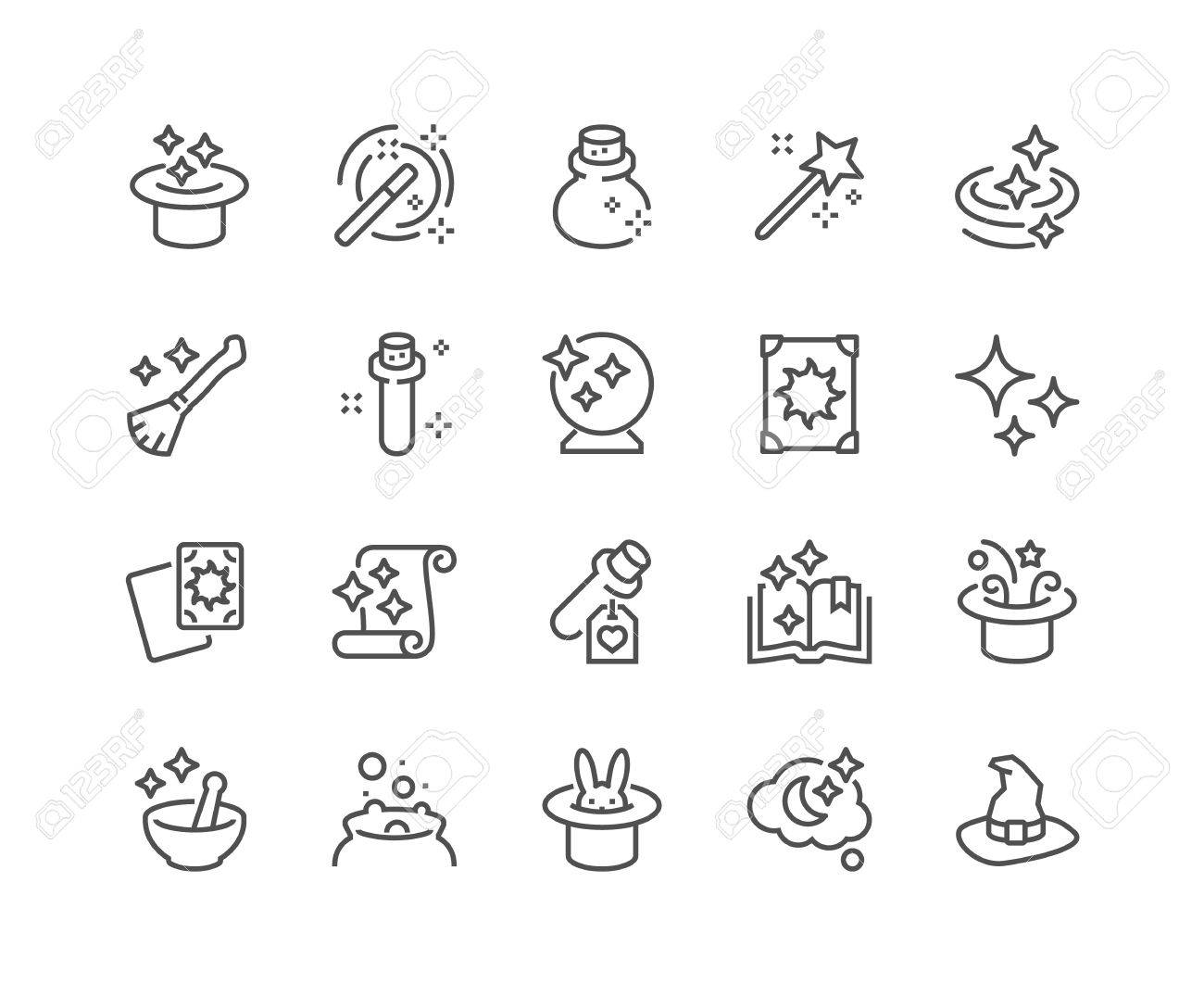 単純なマジック関連ライン アイコンのセット 魔法帽子 杖 魔導べ書 効果などのアイコンが含まれています 編集可能なストローク 48 48 ピクセル パーフェクトな のイラスト素材 ベクタ Image