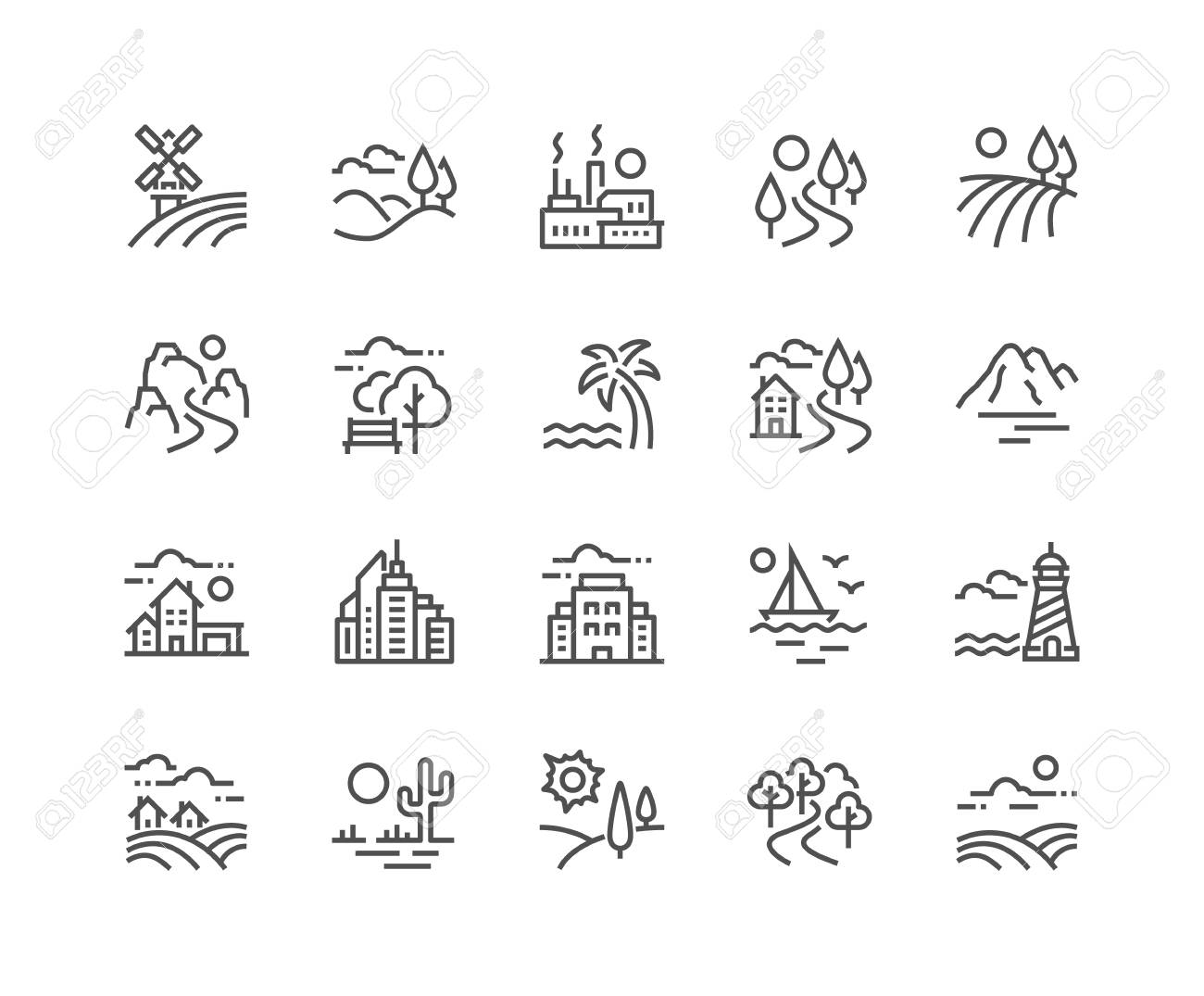 Simple Set of Landscape Related Vector Line Icons. Contains such Icons as Farm, Megapolis, Desert and more. Editable Stroke. 48x48 Pixel Perfect. - 126090373 Simple Set of Landscape Related Vector Line Icons. Contains such Icons as Farm, Megapolis, Desert and more. Editable Stroke. 48x48 Pixel Perfect. - 126090373