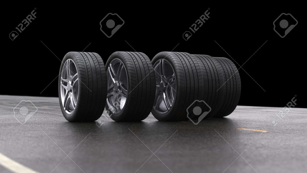 3d render four car wheels rolling on a black background - 163518082 3d render four car wheels rolling on a black background - 163518082