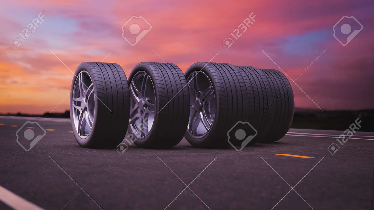 3d render car tires rolling on asphalt in the sunset - 164505306 3d render car tires rolling on asphalt in the sunset - 164505306