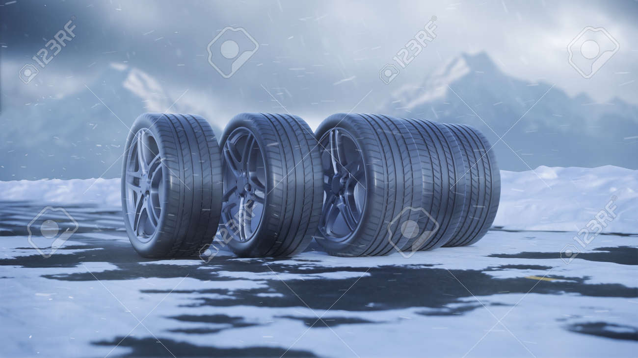 3d render car tires roll on a snowy road under the falling snow - 164505260 3d render car tires roll on a snowy road under the falling snow - 164505260