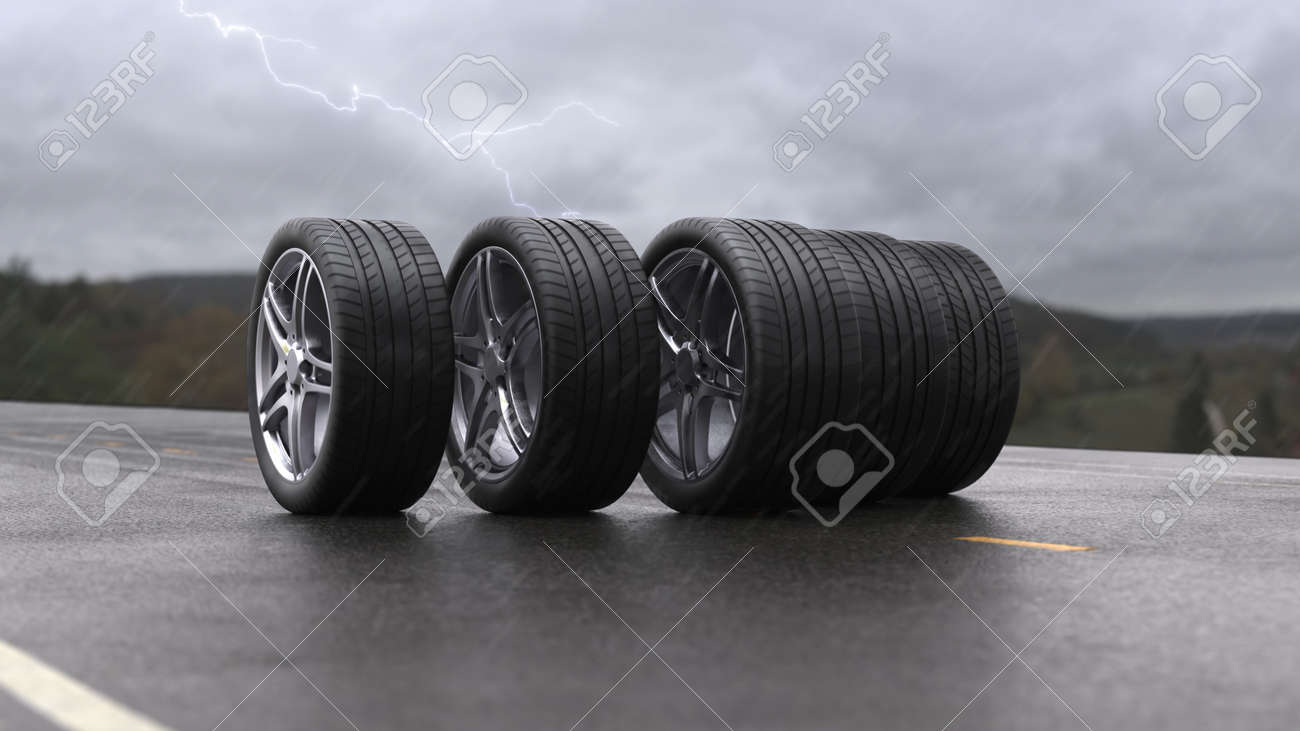 3d render car tires rolling on wet asphalt in the rain with a thunderstorm - 164634715 3d render car tires rolling on wet asphalt in the rain with a thunderstorm - 164634715