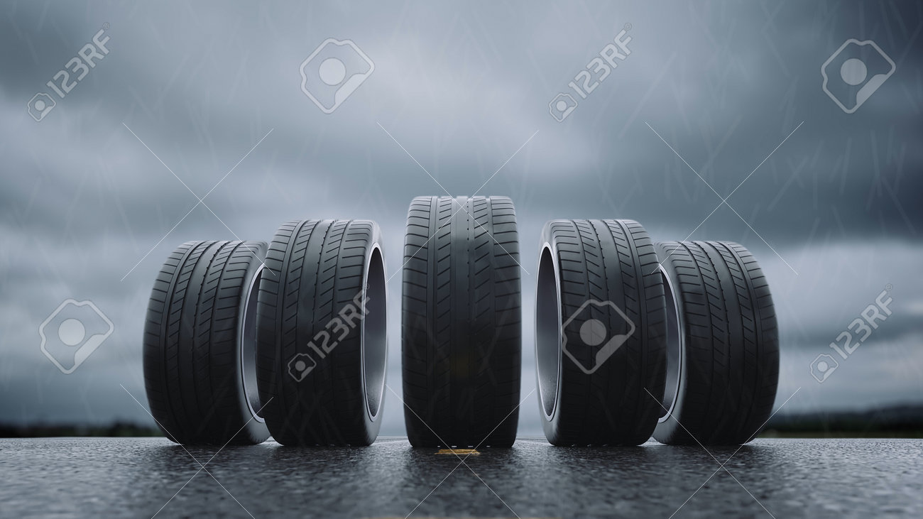 3d render car tires rolling on wet asphalt in the rain with a thunderstorm - 164505272 3d render car tires rolling on wet asphalt in the rain with a thunderstorm - 164505272