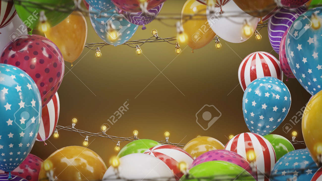 3d render Frame of colorful balloons with bulbs hanging on a wire - 170091184 3d render Frame of colorful balloons with bulbs hanging on a wire - 170091184