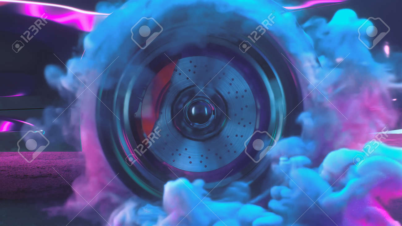 3d render Drift wheels with neon smoke cars - 170091236 3d render Drift wheels with neon smoke cars - 170091236