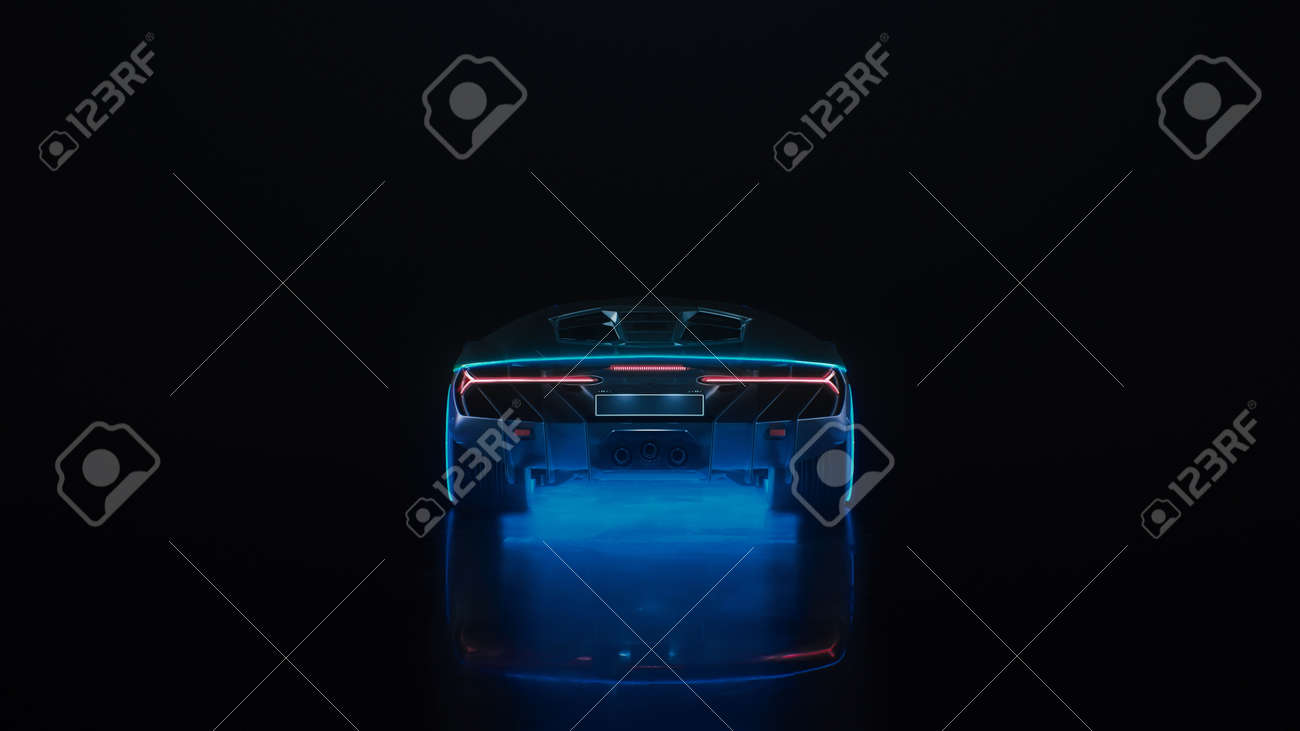 3d render sports car with neon lights drives off into the distance on a black background - 171635457 3d render sports car with neon lights drives off into the distance on a black background - 171635457