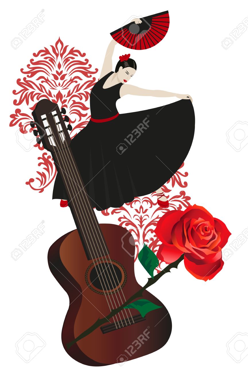 Illustration Of A Flamenco Dancer Holding A Fan And Guitar Royalty Free Cliparts Vectors And Stock Illustration Image