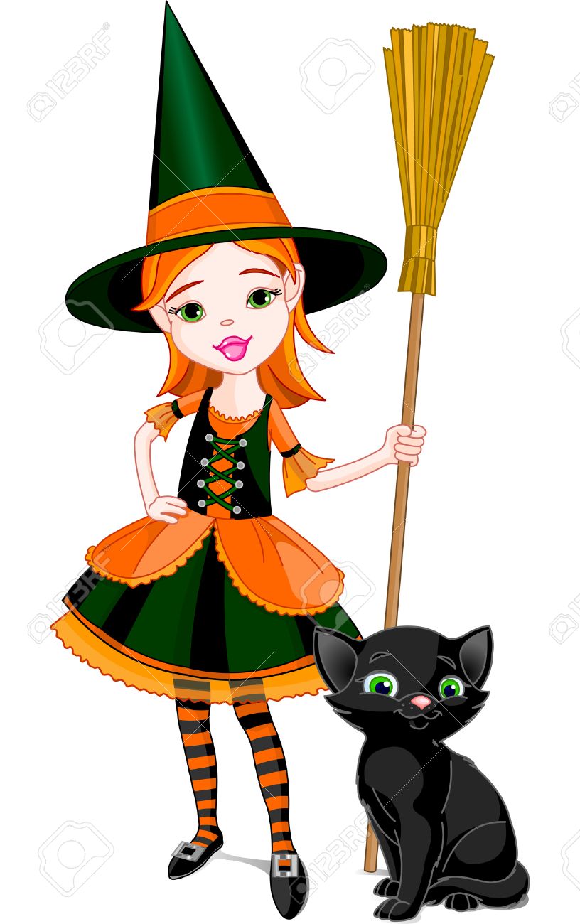 Illustration For Halloween With A Little Cute Witch And Cat Is Different Layer Stock
