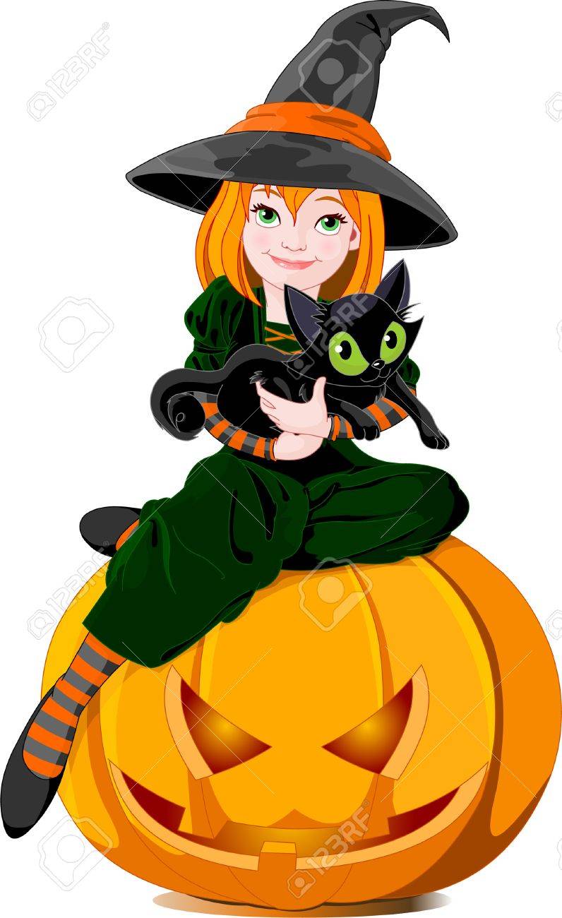 黒猫 カボチャの上に座ってとかわいい小さな魔女のイラスト のイラスト素材 ベクタ Image