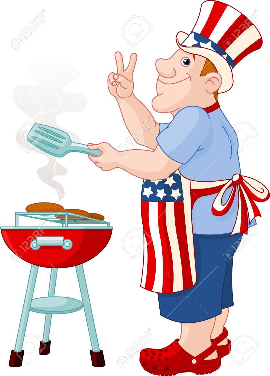 Funny Man With Uncle Sam Hat Cooking A Hamburgers On A Barbecue q Grill Royalty Free Cliparts Vectors And Stock Illustration Image