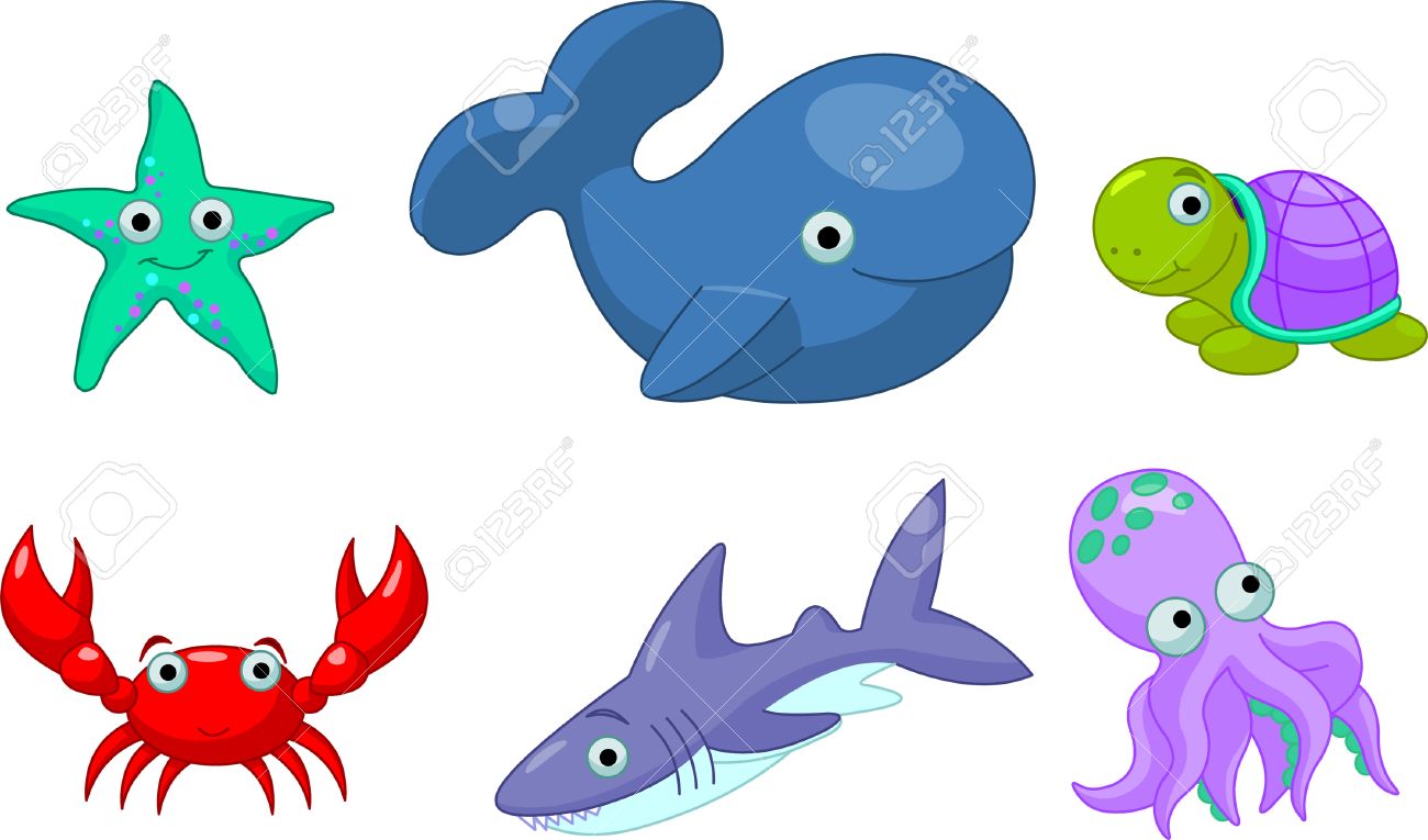 カラフルなかわいい海の生き物 ヒトデ タコ カメ カニ リバイアサン イルカ サメのイラスト素材 ベクタ Image