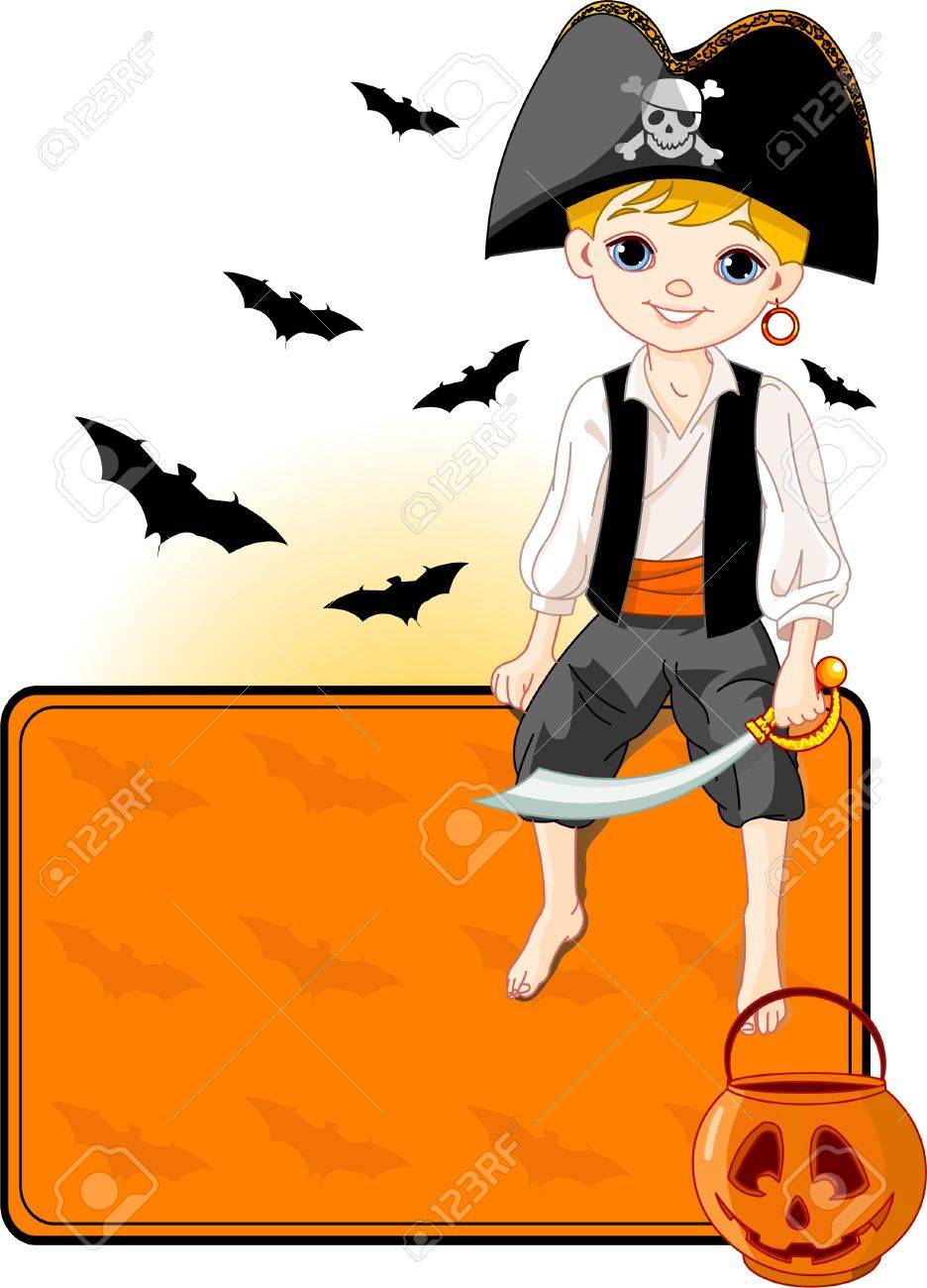 場所カードの上に座ってかわいい海賊ハロウィンのイラスト すべてのオブジェクトは別々 のグループのイラスト素材 ベクタ Image