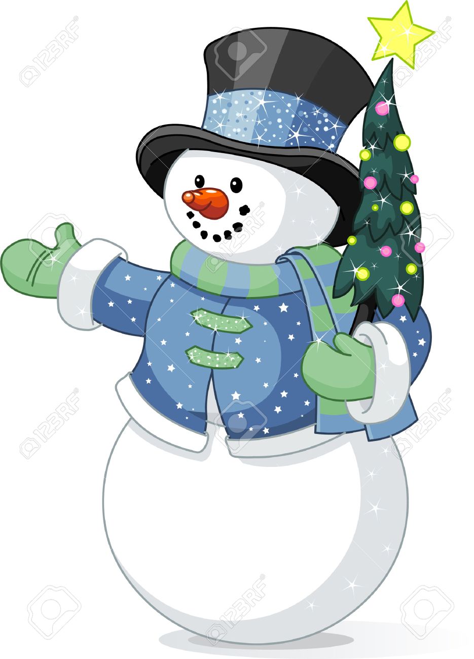 illustration of cute snowman with christmas tree royalty free