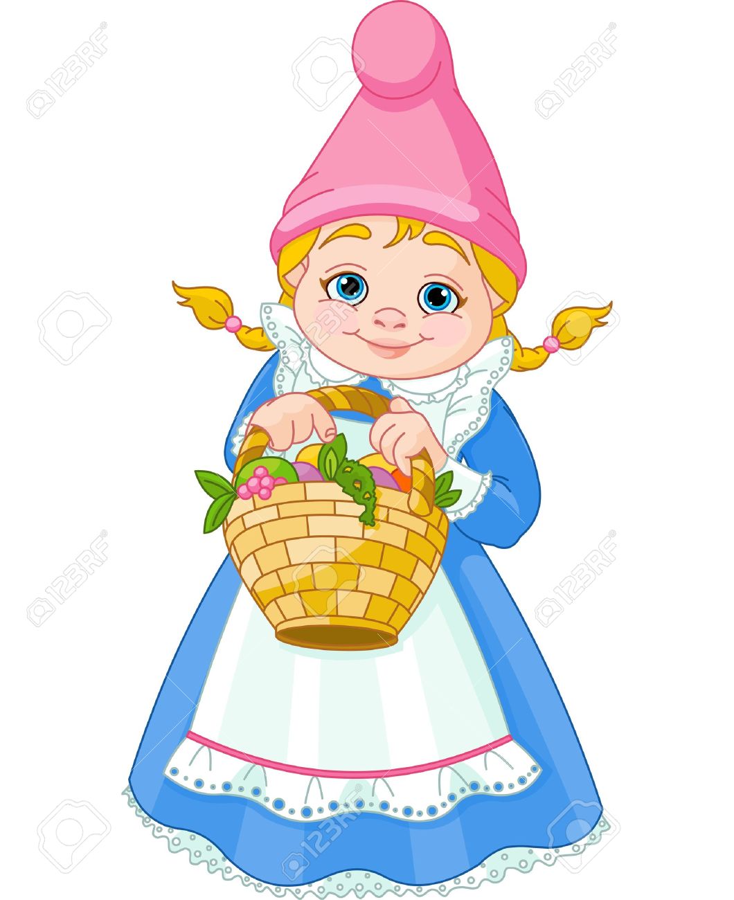 Illustration of cute Garden Gnome Girl with Basket with Flowers..