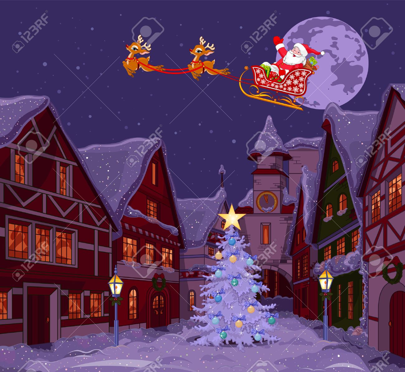 Citta Di Natale.Vettoriale Babbo Natale Battenti La Sua Slitta Sopra La Citta Di Natale Image 24155182