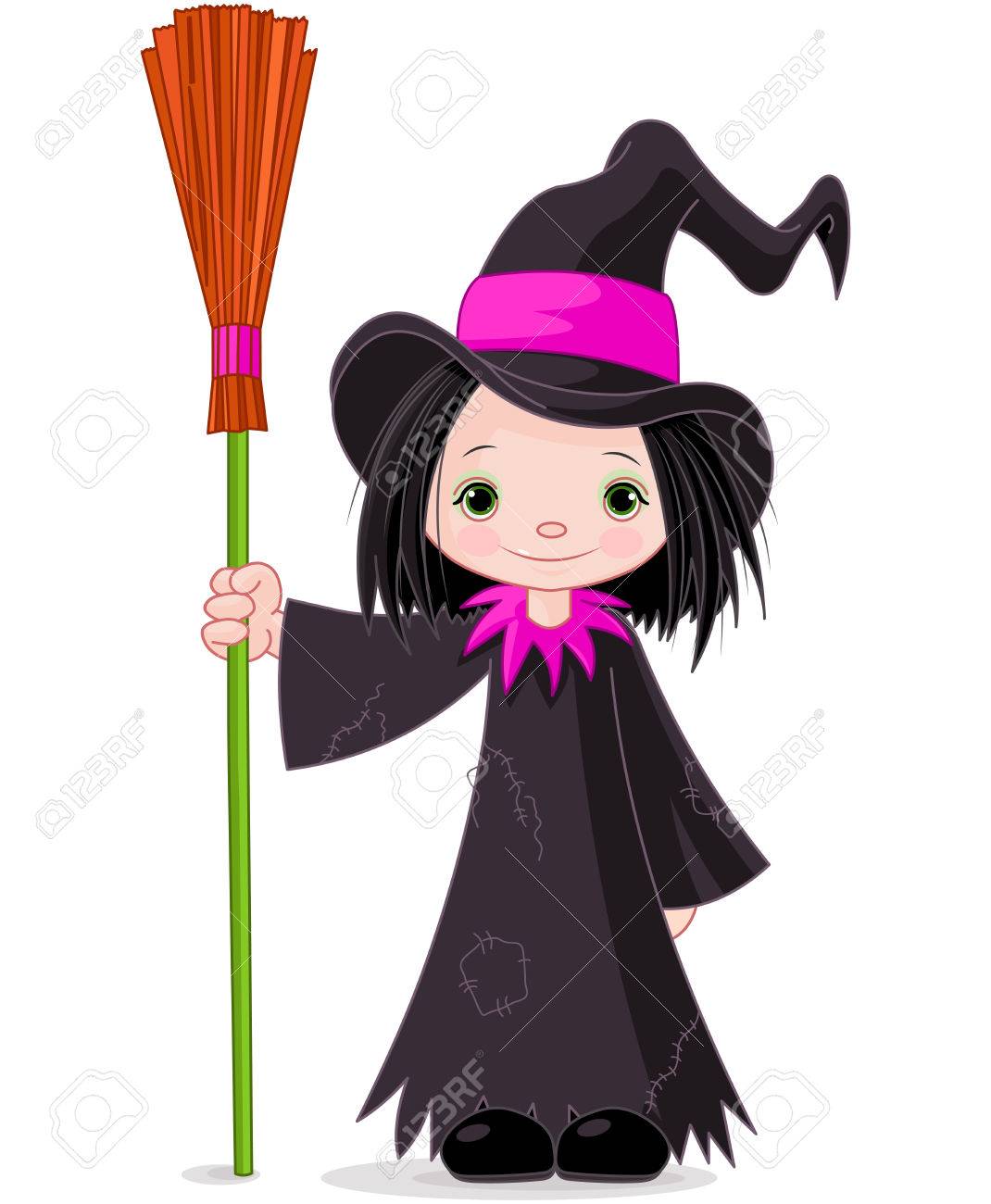 ハロウィーンの魔女のほうきを保持します のイラスト素材 ベクタ Image