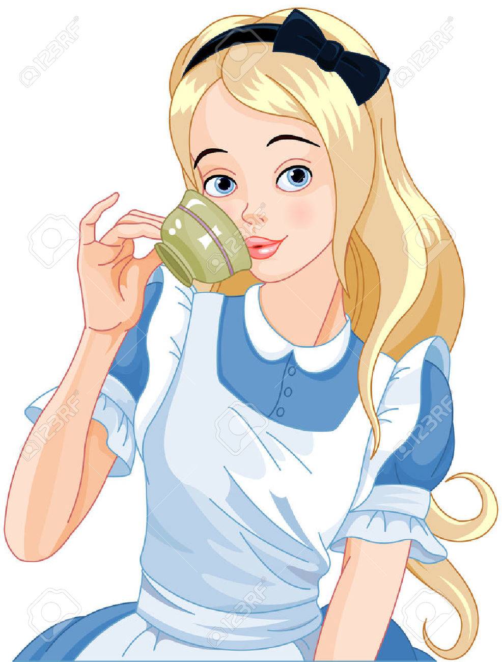 アリスのイラストが紅茶のカップを注ぐ のイラスト素材 ベクタ Image