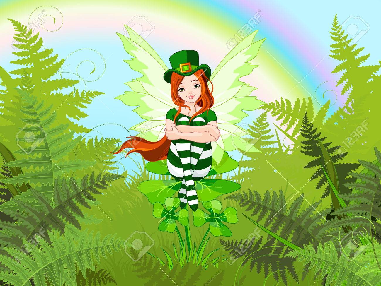 Illustration of charming St. Patrick's fairy sitting on clover - 53119124 Illustration of charming St. Patrick's fairy sitting on clover - 53119124