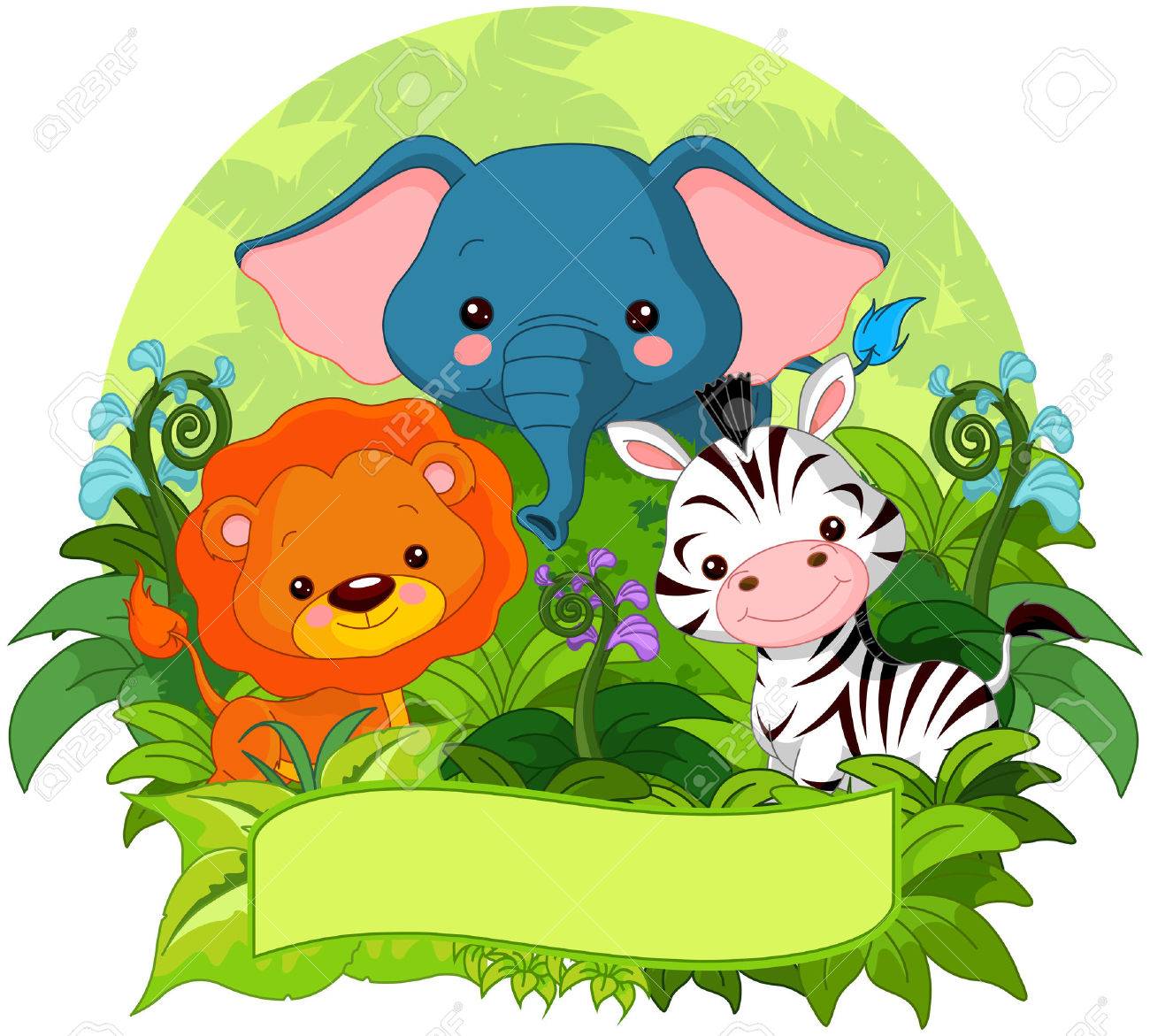 illustration of cute jungle animals on nature background royalty