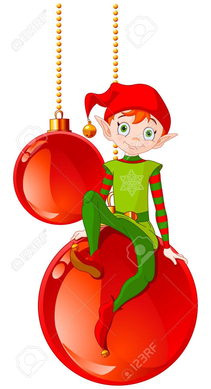 Christmas Elf sitting on Christmas ball - 66970847 Christmas Elf sitting on Christmas ball - 66970847